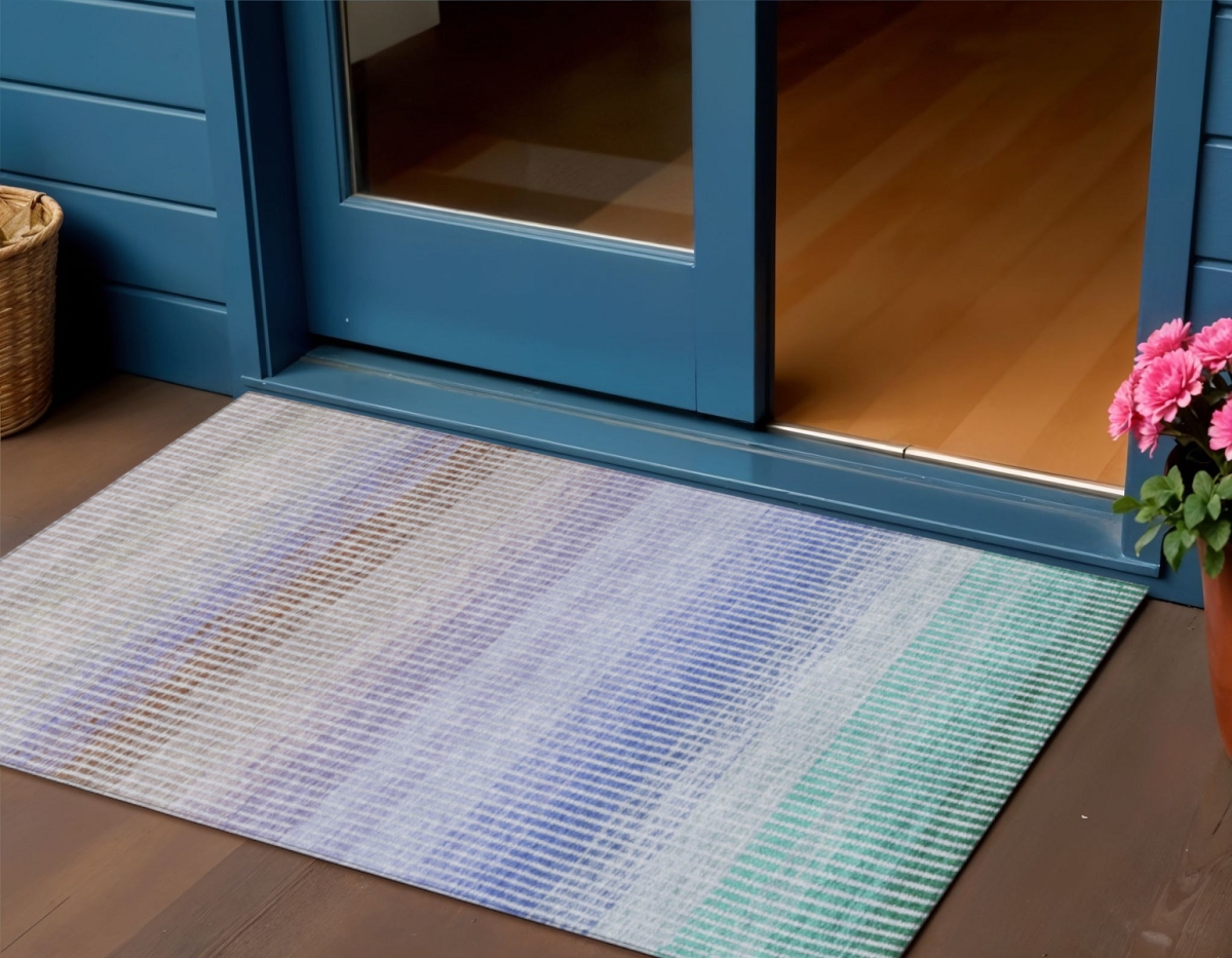658861 3 x 5 ft. Green Lavender & Teal Blue Striped Washable Transitional Indoor & Outdoor Rectangle Area Rug