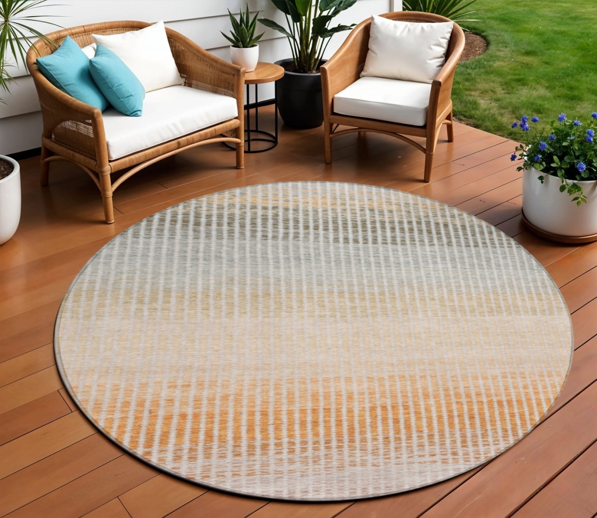 658905 8 ft. Terra Cotta Orange & Gray Striped Washable Transitional Indoor & Outdoor Round Area Rug