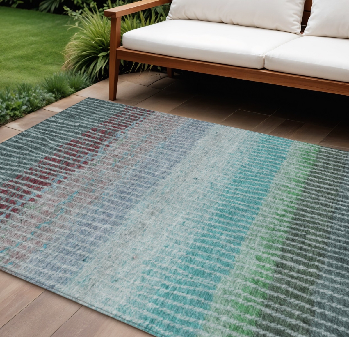 658949 9 x 12 ft. Teal, Blue & Green Striped Washable Transitional Indoor & Outdoor Rectangle Area Rug
