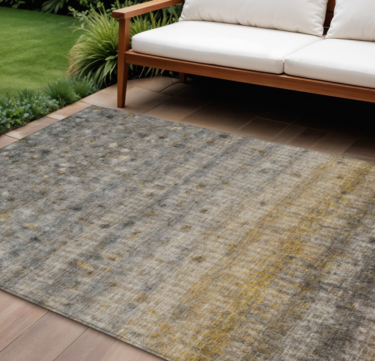 658985 9 x 12 ft. Taupe & Gold Striped Washable Transitional Indoor & Outdoor Rectangle Area Rug