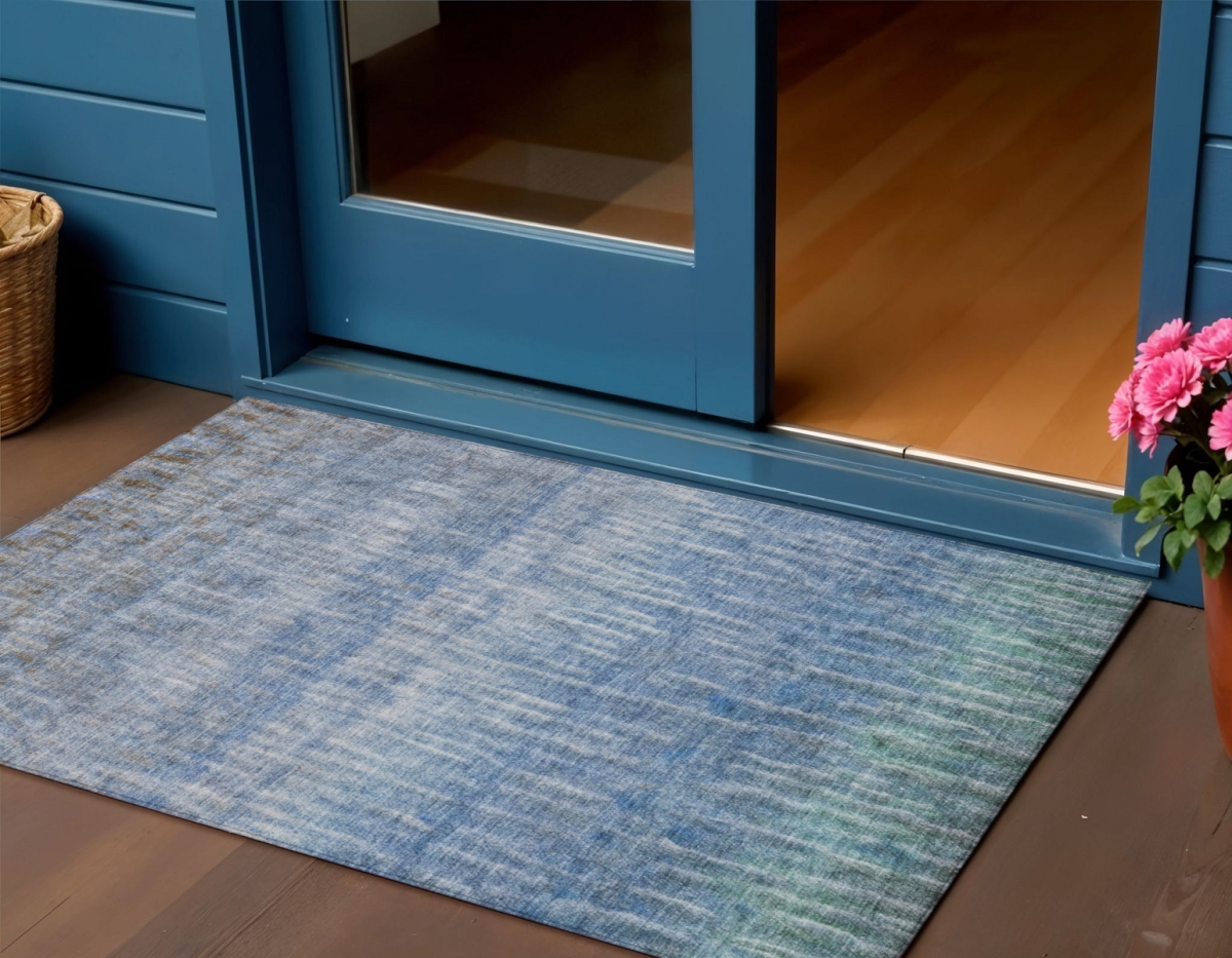 659023 3 x 5 ft. Blue & Ivory Abstract Washable Transitional Indoor & Outdoor Rectangle Area Rug