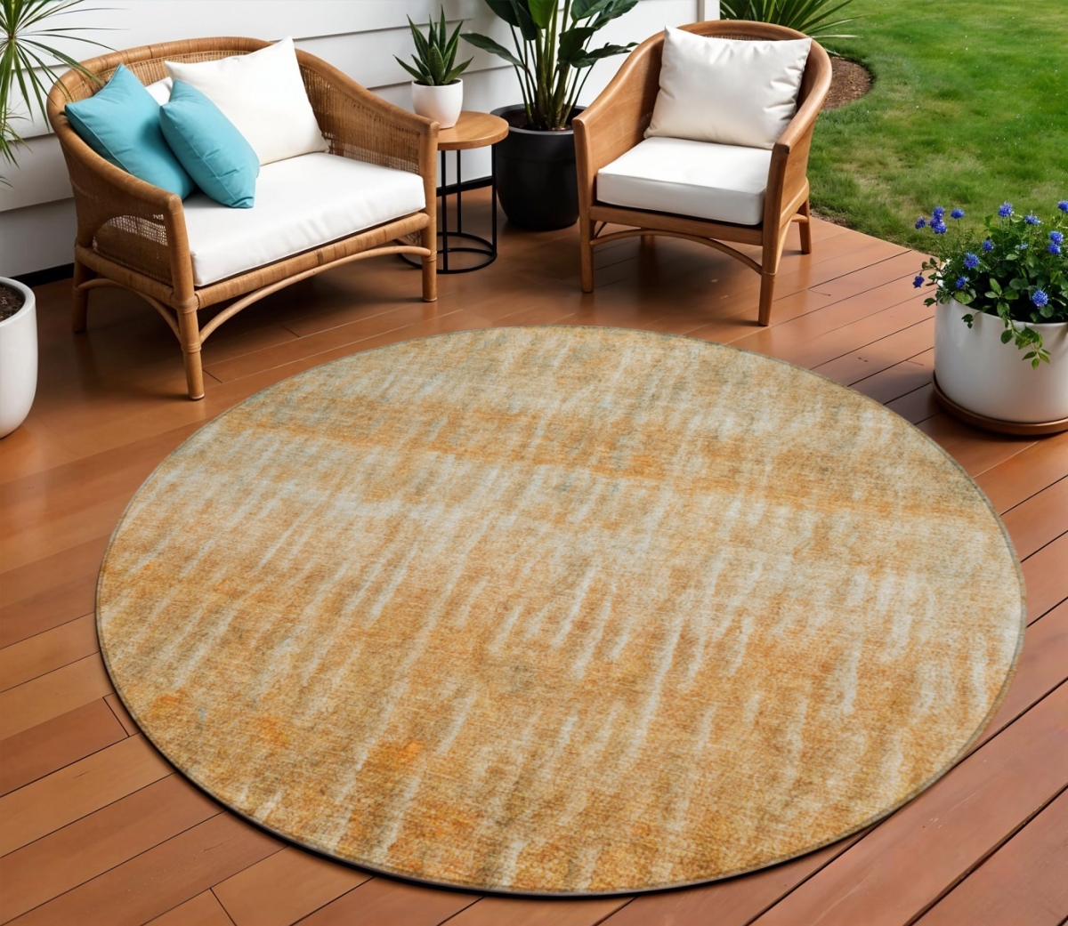 659031 8 ft. Copper & Beige Abstract Washable Transitional Indoor & Outdoor Round Area Rug