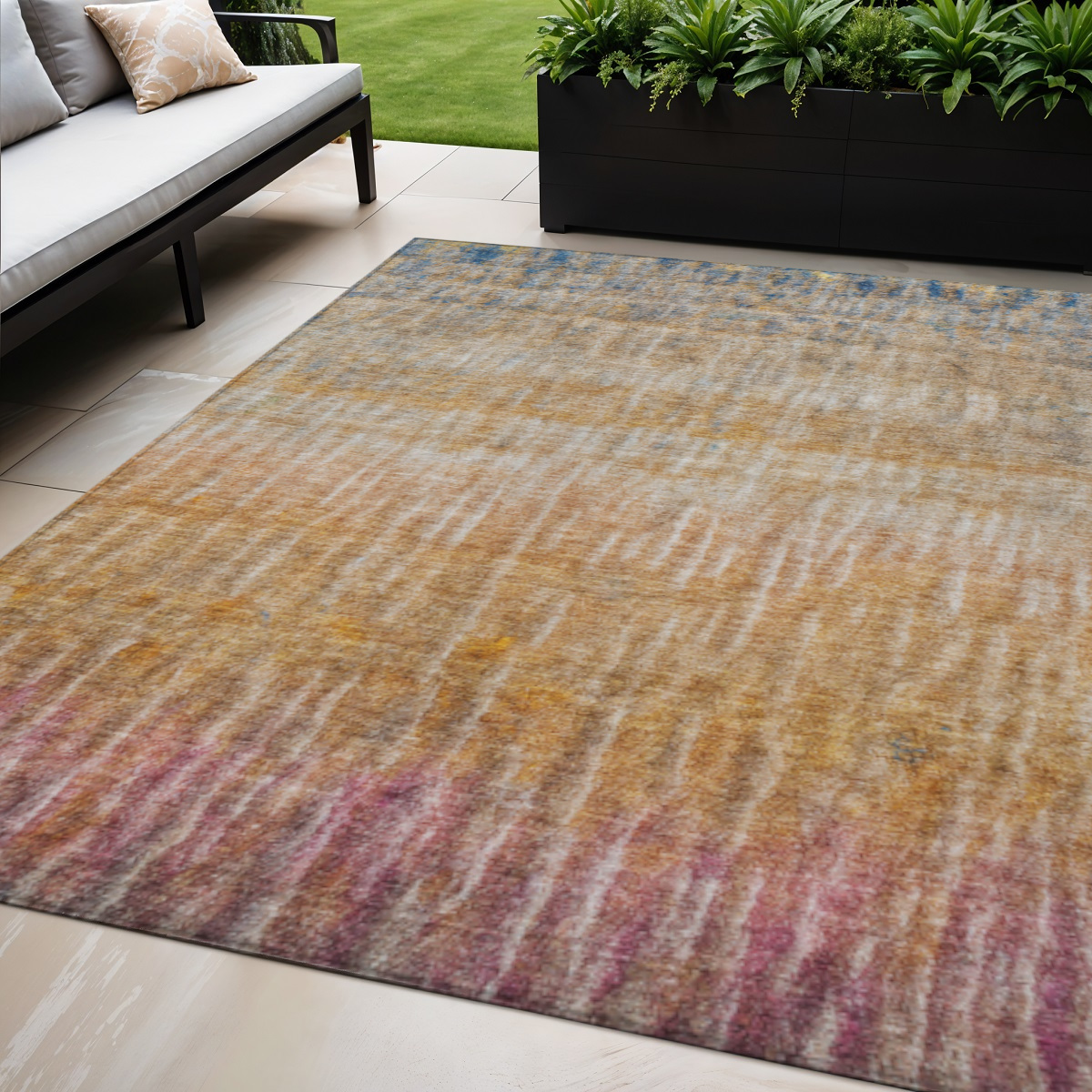 659042 5 x 8 ft. Orange Blue & Beige Abstract Washable Transitional Indoor & Outdoor Rectangle Area Rug