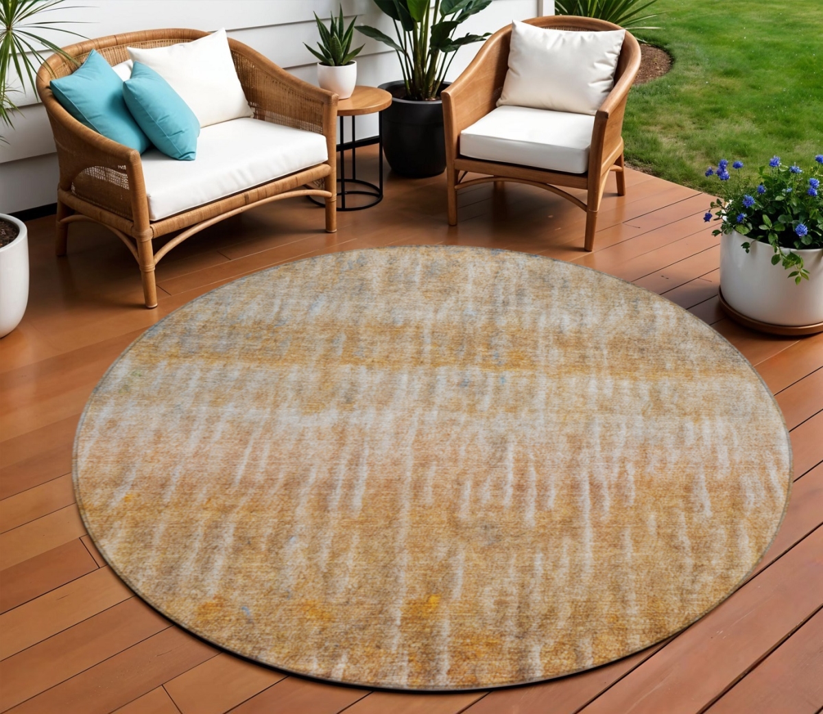 659043 8 ft. Orange Blue & Beige Abstract Washable Transitional Indoor & Outdoor Round Area Rug