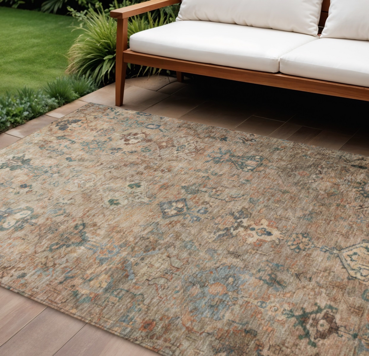 659173 10 x 14 ft. Khaki & Gray Medallion Washable Traditional Indoor & Outdoor Rectangle Area Rug