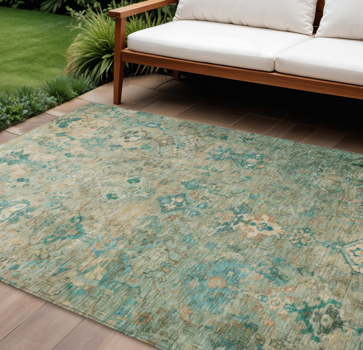 659184 9 x 12 ft. Teal, Blue & Beige Medallion Washable Traditional Indoor & Outdoor Rectangle Area Rug