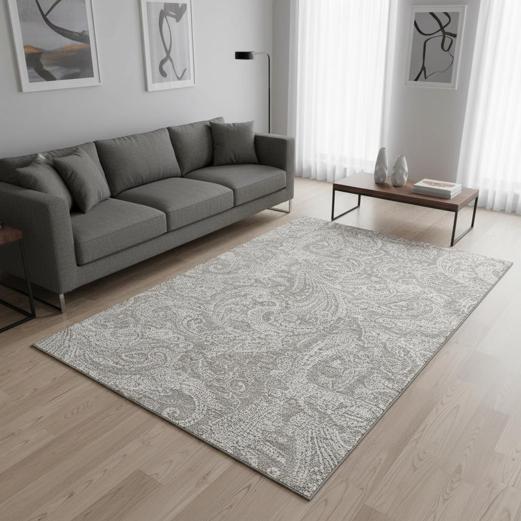 654682 5 x 8 ft. Taupe & Ivory Paisley Washable Machine Made Rectangle Area Rug with UV Protection
