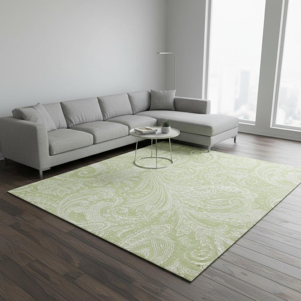 654630 8 x 10 ft. Artichoke Green & Ivory Paisley Washable Machine Made Rectangle Area Rug with UV Protection