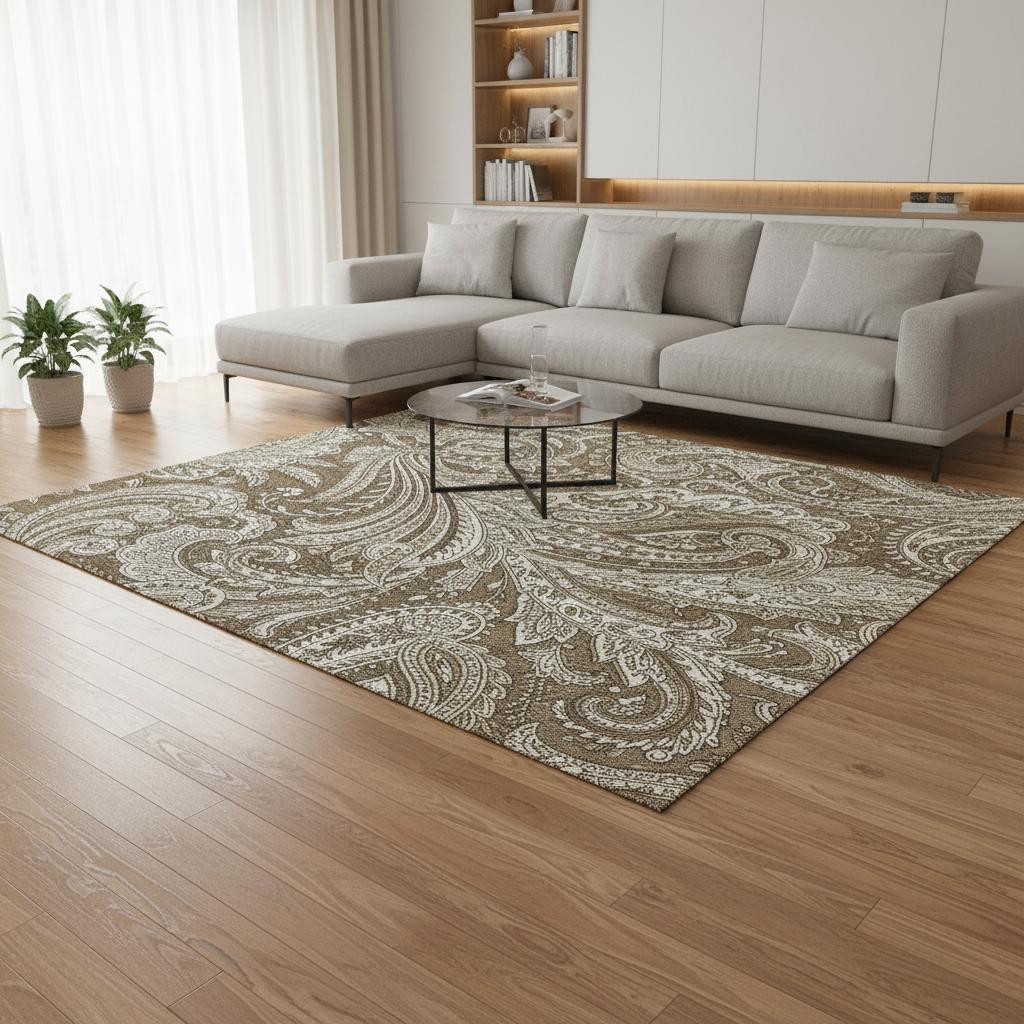 654650 10 x 14 ft. Chocolate & Ivory Paisley Washable Machine Made Rectangle Area Rug with UV Protection