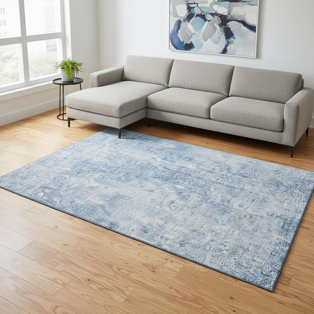 654788 8 x 10 ft. Blue & Ivory Abstract Transitional Washable Machine Made Rectangle Area Rug with UV Protection