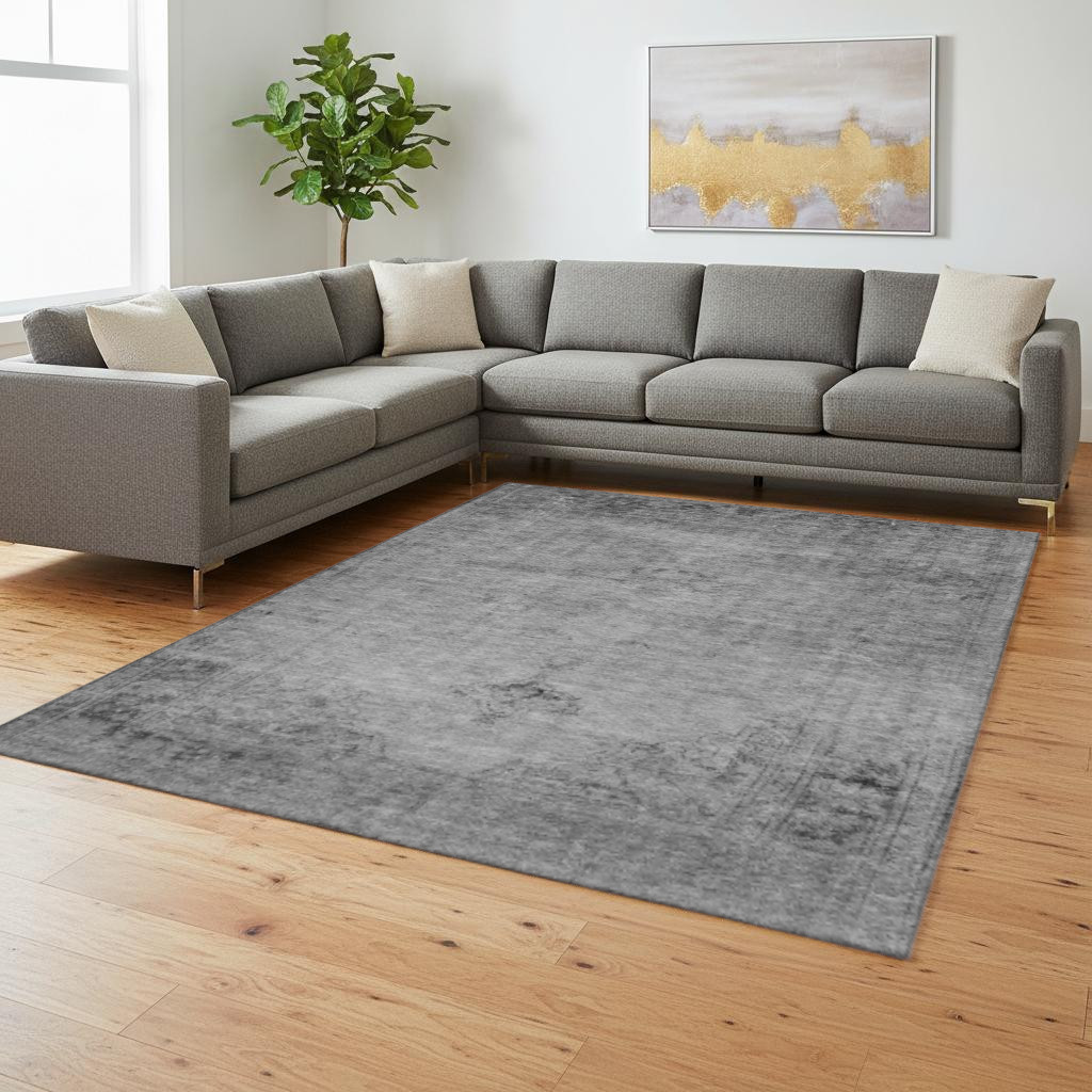 654892 10 x 14 ft. Gray & Ivory Oriental Traditional Washable Machine Made Rectangle Area Rug with UV Protection