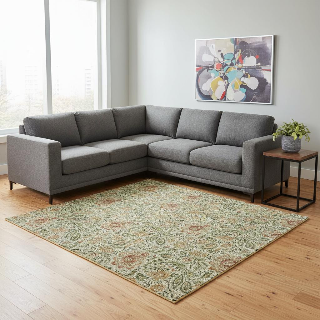 654970 10 x 14 ft. Artichoke Green & Rust Floral Washable Machine Made Rectangle Area Rug with UV Protection