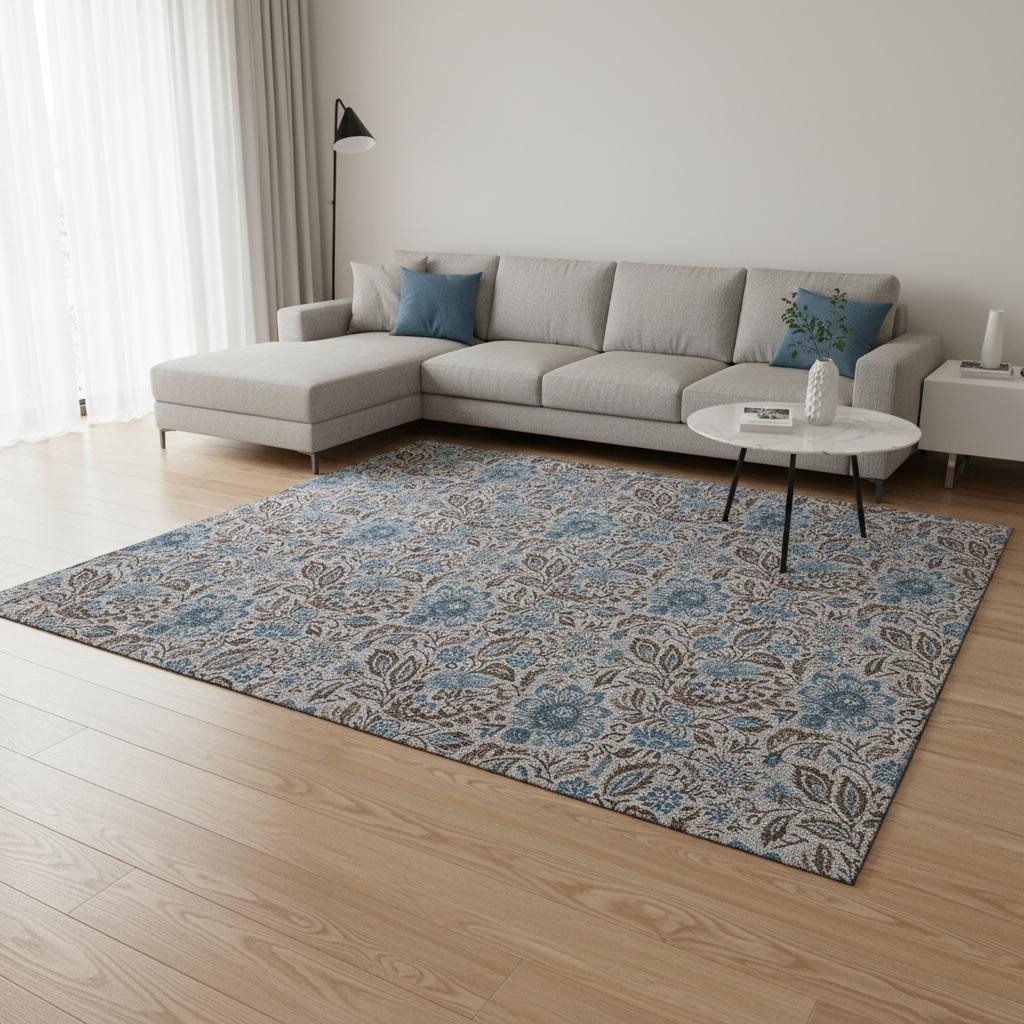 654992 8 x 10 ft. Coffee & Blue Floral Washable Machine Made Rectangle Area Rug with UV Protection