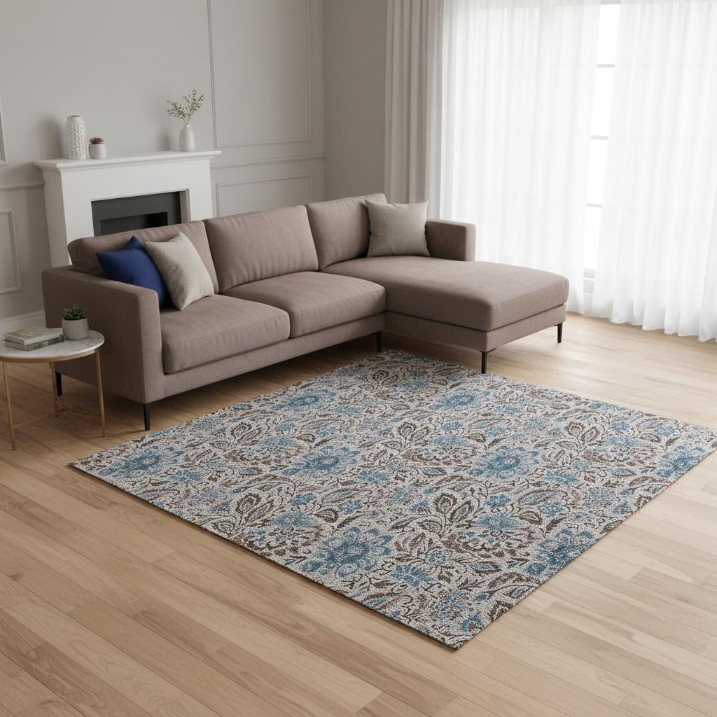 654994 10 x 14 ft. Coffee & Blue Floral Washable Machine Made Rectangle Area Rug with UV Protection