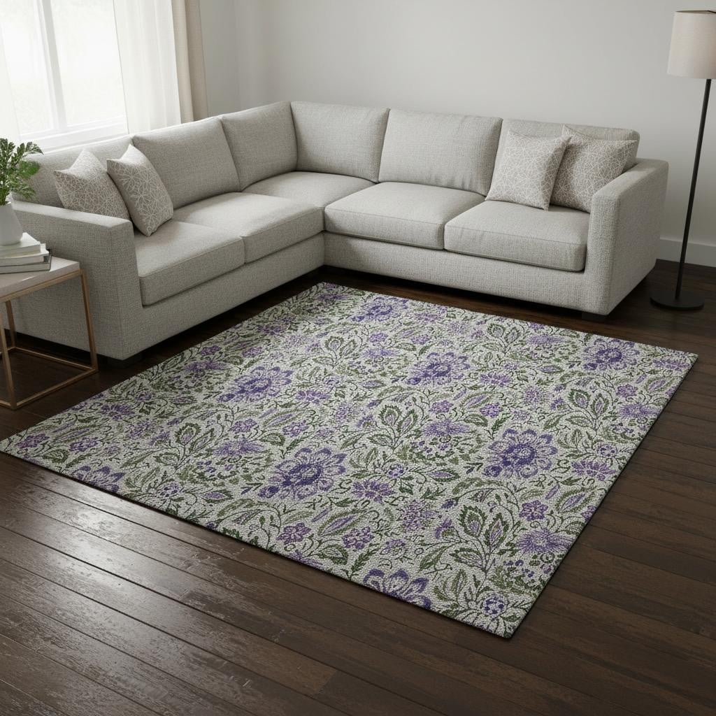 655000 10 x 14 ft. Olive Green & Purple Floral Washable Machine Made Rectangle Area Rug with UV Protection