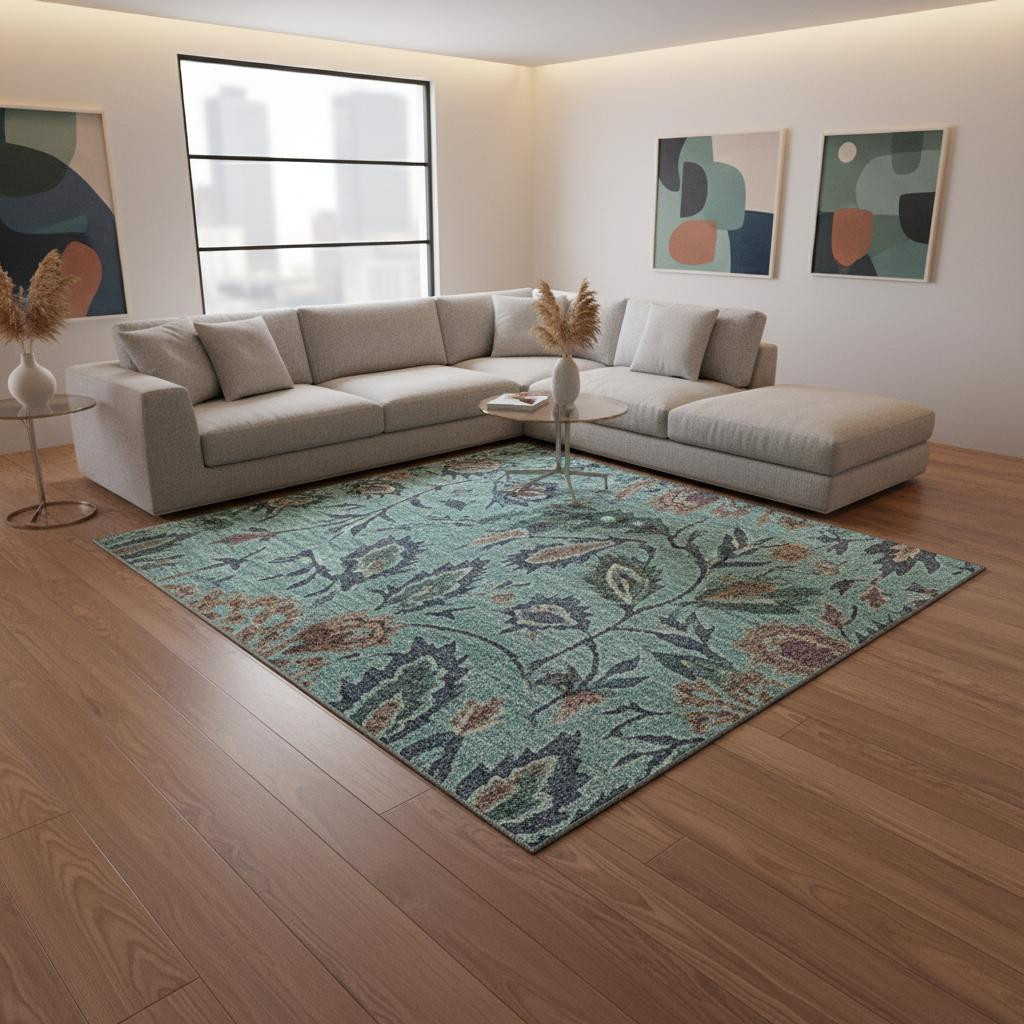 655024 10 x 14 ft. Teal & Brown Floral Washable Machine Made Rectangle Area Rug with UV Protection