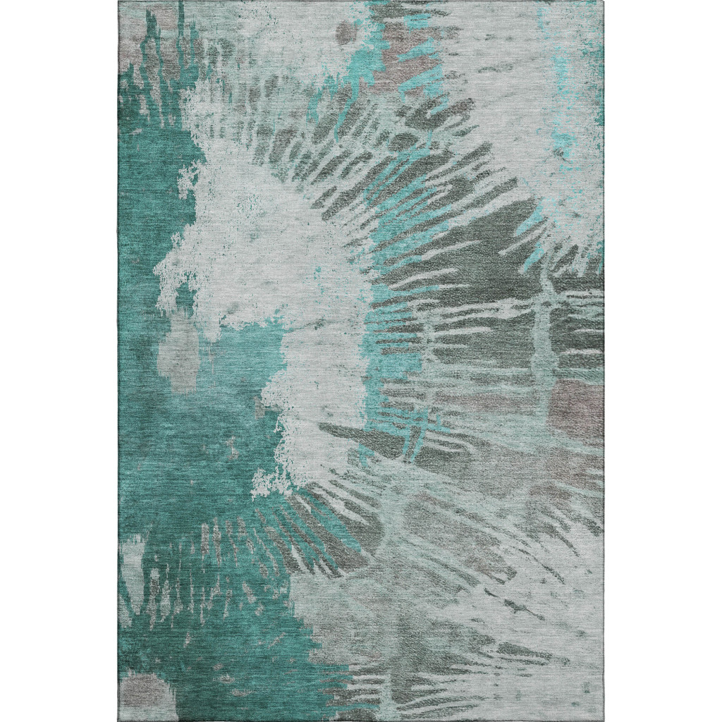 653642 8 x 10 ft. Teal Ivory & Gray Abstract Transitional Washable Machine Made Rectangle Area Rug with UV Protection