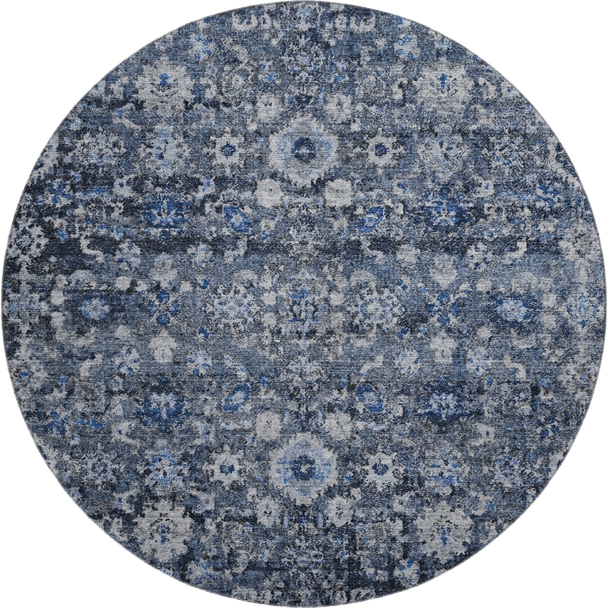 653758 8 ft. Blue & Ivory Oriental Traditional Washable Round Area Rug with UV Protection