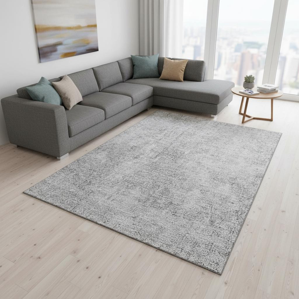 654801 9 x 12 ft. Gray & Ivory Abstract Transitional Washable Machine Made Rectangle Area Rug with UV Protection