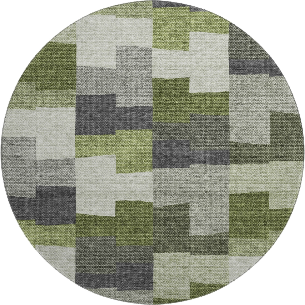 654943 8 ft. Olive Green, Gray & Ivory Geometric Transitional Washable Round Area Rug with UV Protection