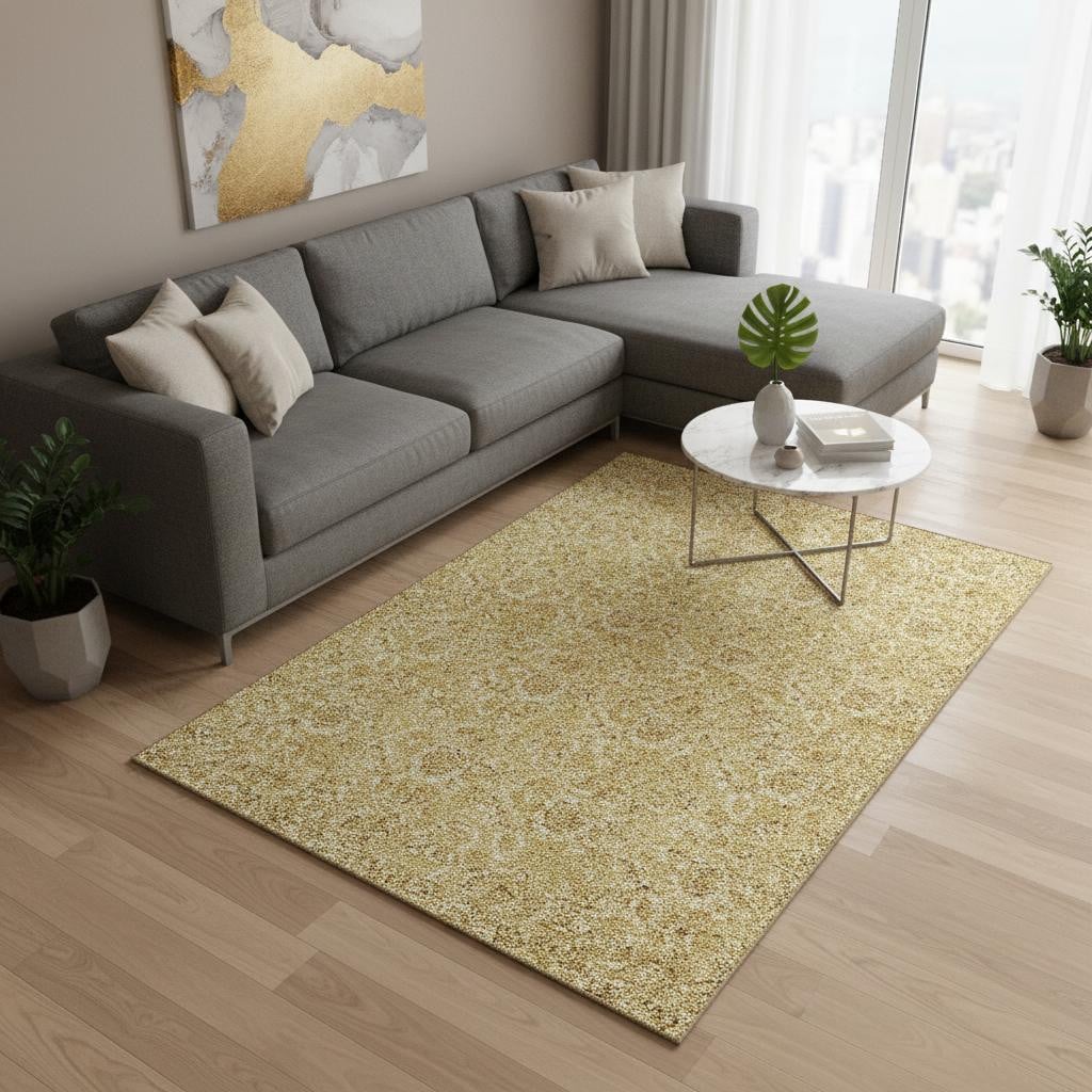 655059 9 x 12 ft. Gold & Wheat Floral Washable Machine Made Rectangle Area Rug with UV Protection