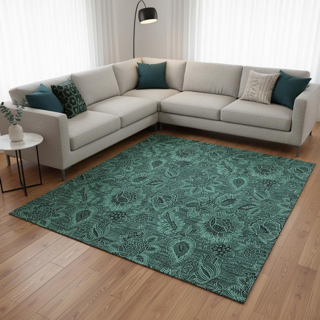 655096 10 x 14 ft. Teal & Charcoal Floral Washable Machine Made Rectangle Area Rug with UV Protection