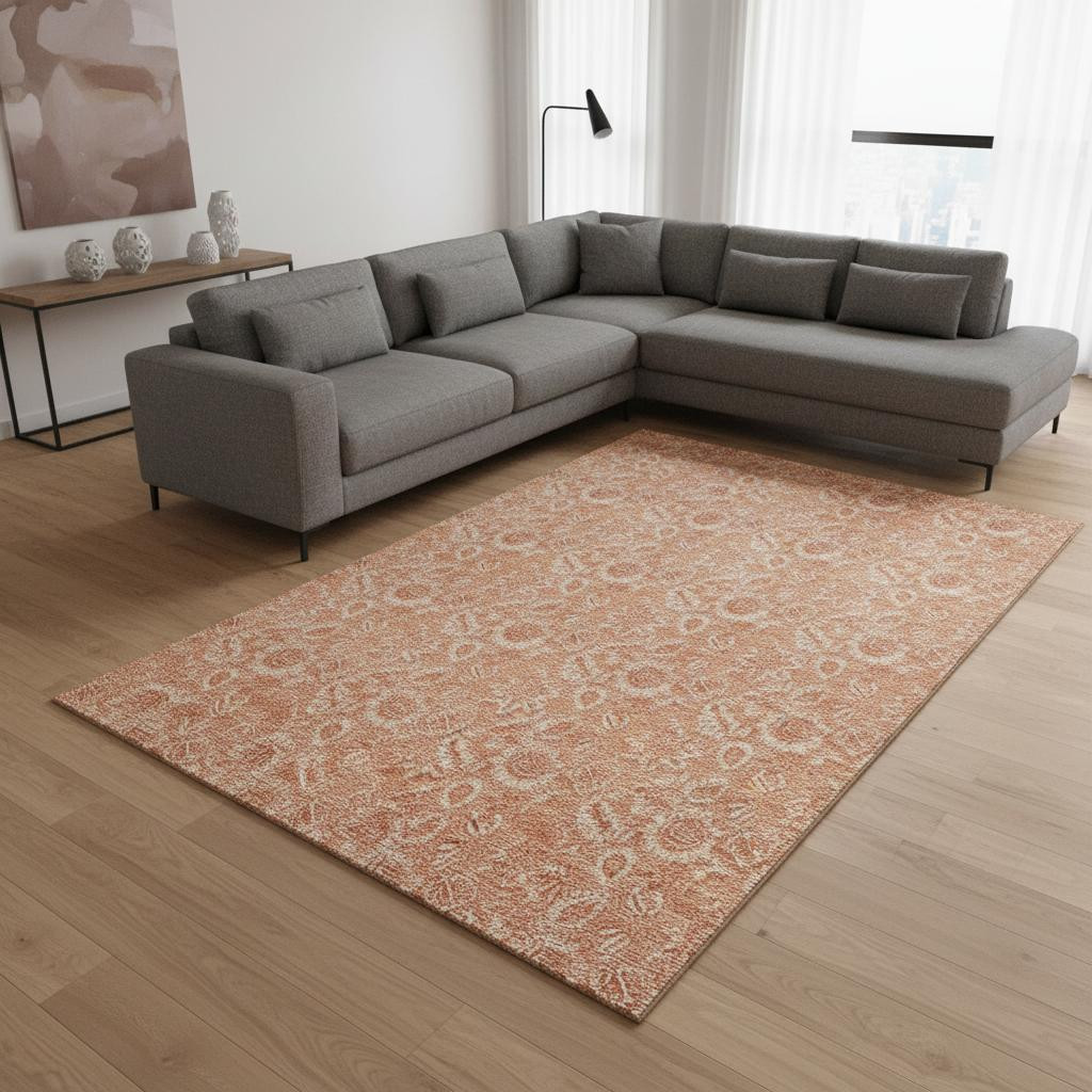 655149 9 x 12 ft. Salmon & Ivory Floral Transitional Washable Machine Made Rectangle Area Rug with UV Protection