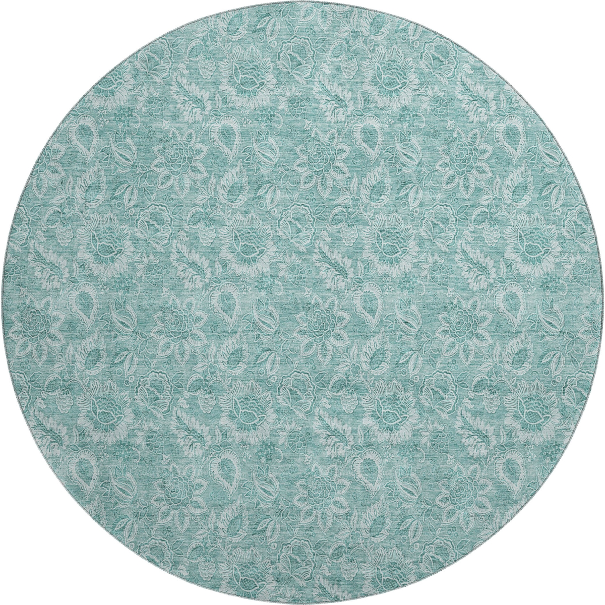 655153 8 ft. Teal & Ivory Floral Transitional Washable Round Area Rug with UV Protection