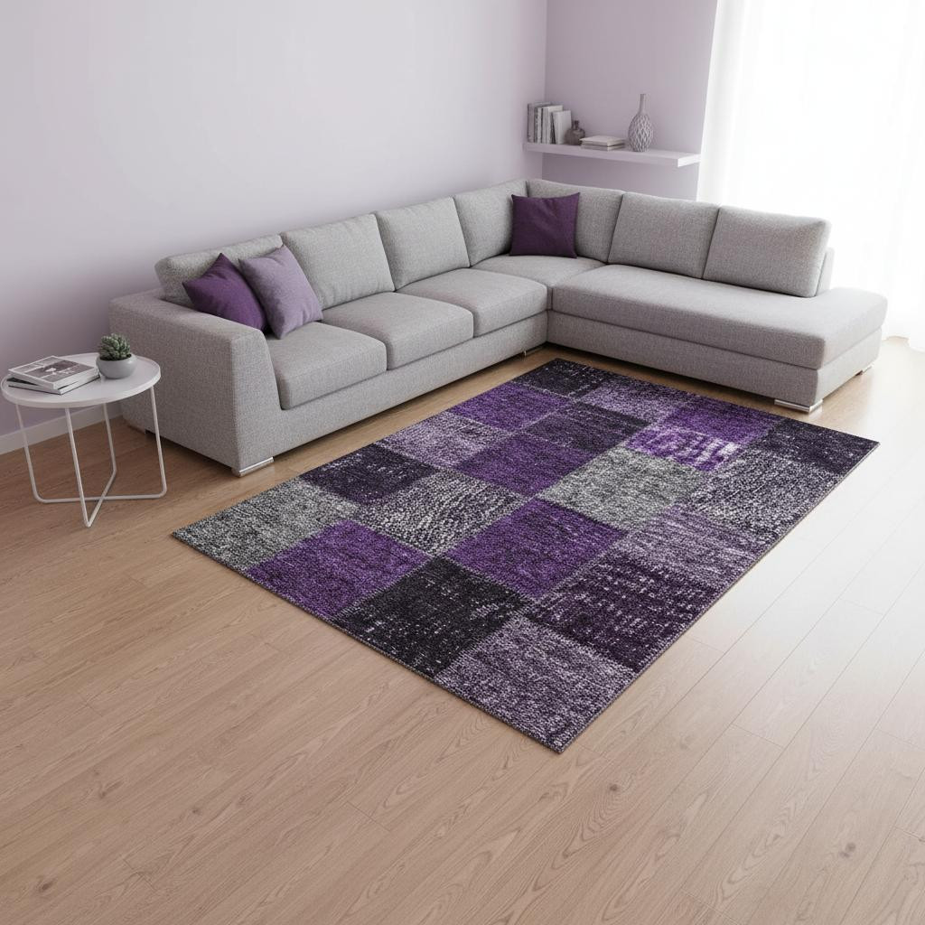 655168 10 x 14 ft. Eggplant Gray & Purple Patchwork Washable Machine Made Rectangle Area Rug with UV Protection