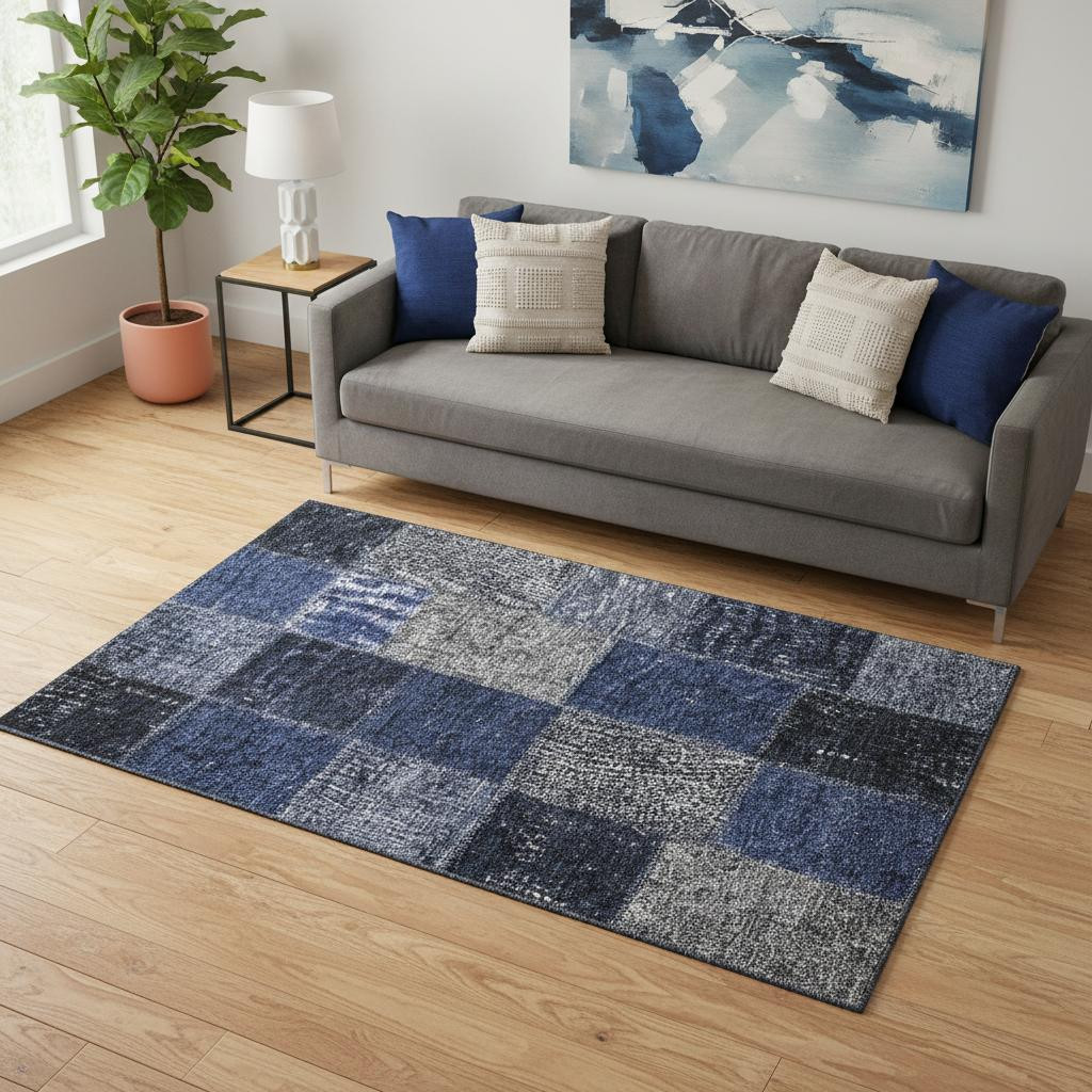 655188 5 x 8 ft. Navy Blue & Gray Patchwork Washable Machine Made Rectangle Area Rug with UV Protection
