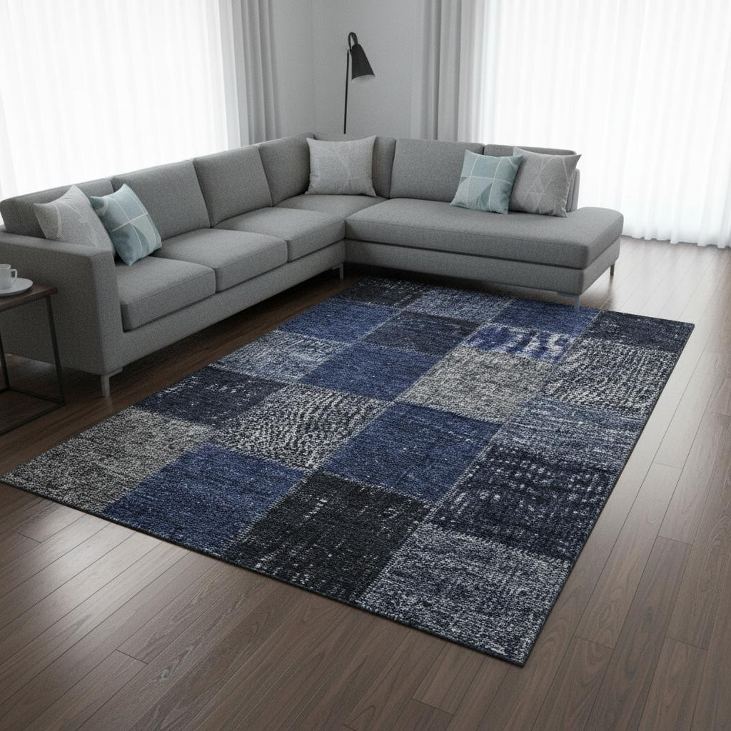 655191 9 x 12 ft. Navy Blue & Gray Patchwork Washable Machine Made Rectangle Area Rug with UV Protection