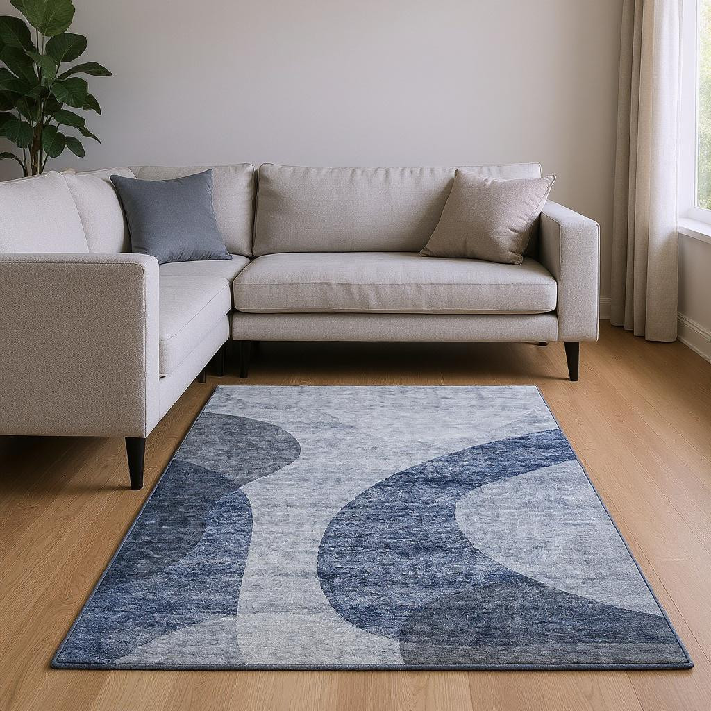 654830 8 x 10 ft. Blue & Ivory Geometric Transitional Washable Machine Made Rectangle Area Rug with UV Protection