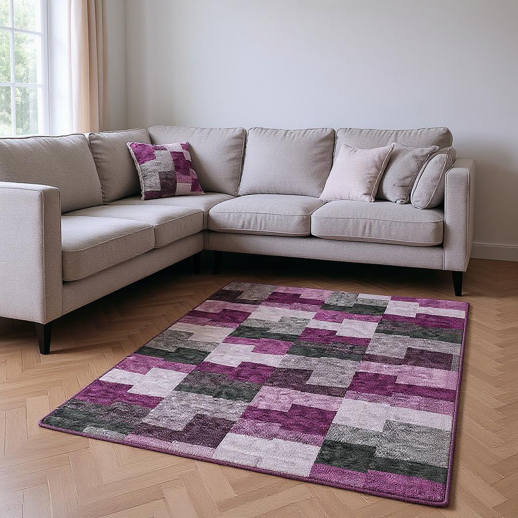 654939 9 x 12 ft. Merlot Gray & Ivory Geometric Transitional Washable Machine Made Rectangle Area Rug with UV Protection
