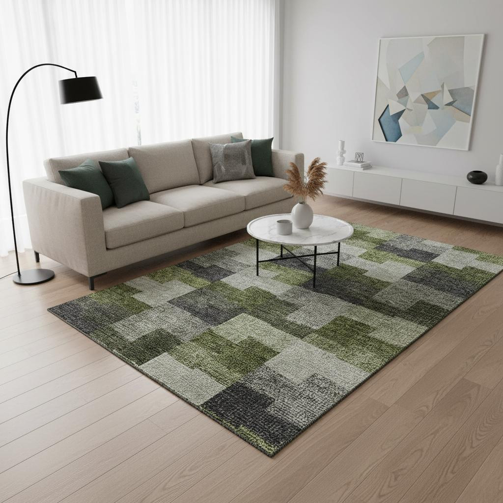 654942 5 x 8 ft. Olive Green, Gray & Ivory Geometric Transitional Washable Machine Made Rectangle Area Rug with UV Protection