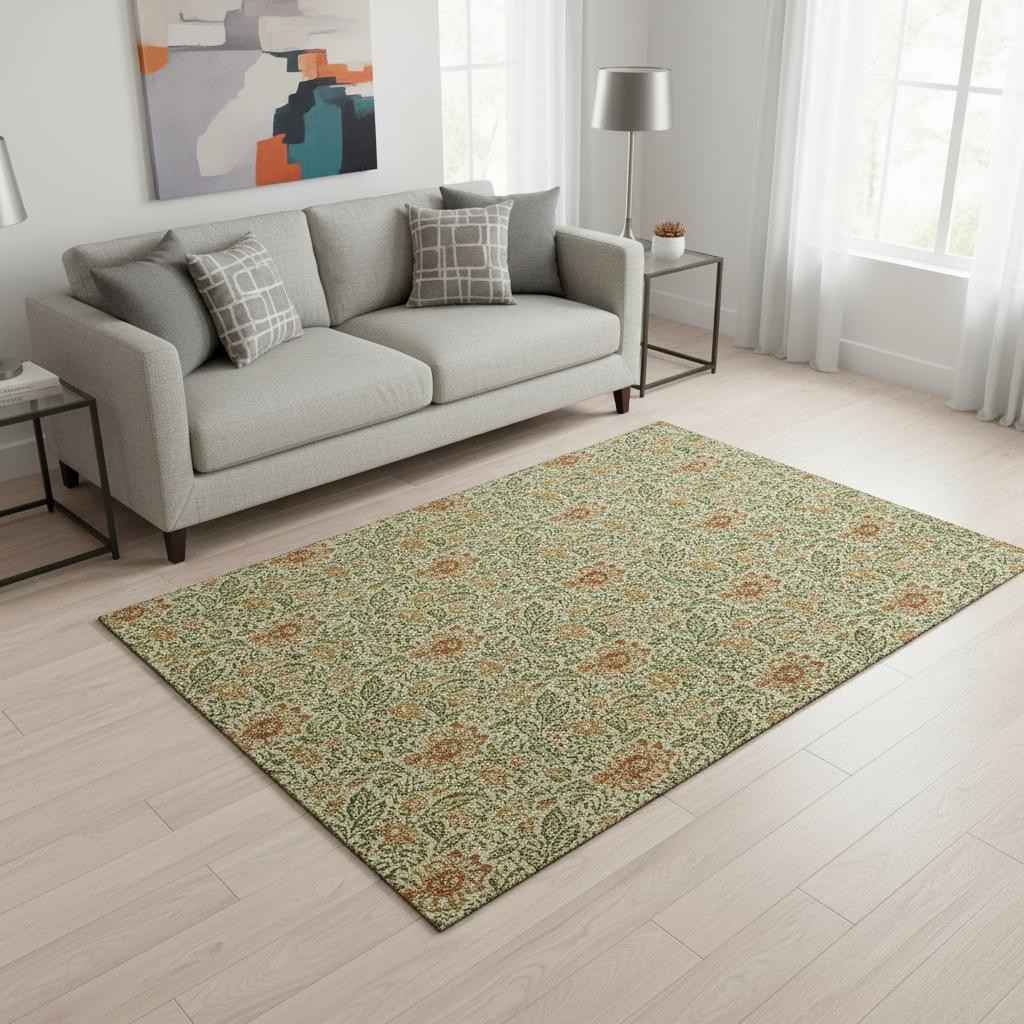 654966 5 x 8 ft. Artichoke Green & Rust Floral Washable Machine Made Rectangle Area Rug with UV Protection