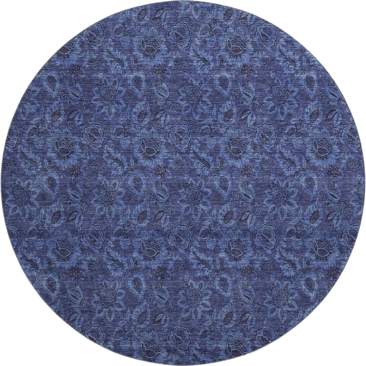 655069 8 ft. Navy Blue & Charcoal Floral Washable Round Area Rug with UV Protection