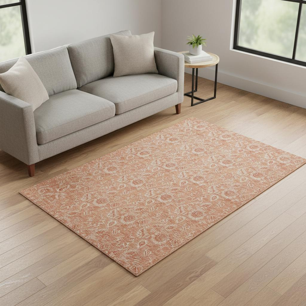 655146 5 x 8 ft. Salmon & Ivory Floral Transitional Washable Machine Made Rectangle Area Rug with UV Protection