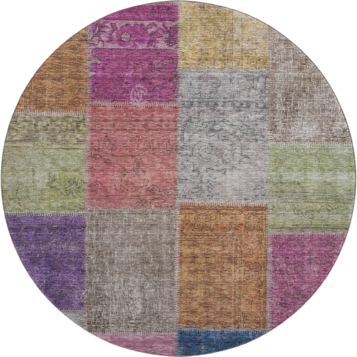 655159 8 ft. Copper Blue & Purple Patchwork Washable Round Area Rug with UV Protection