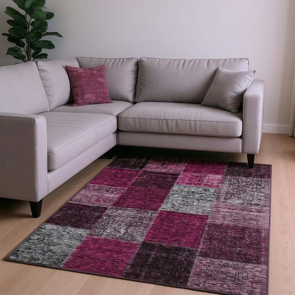 655178 8 x 10 ft. Merlot Gray & Burgundy Patchwork Washable Machine Made Rectangle Area Rug with UV Protection