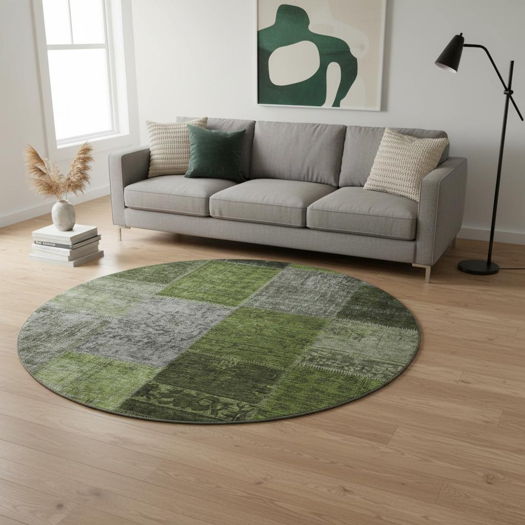 655195 8 ft. Olive Green & Gray Patchwork Transitional Washable Round Area Rug with UV Protection