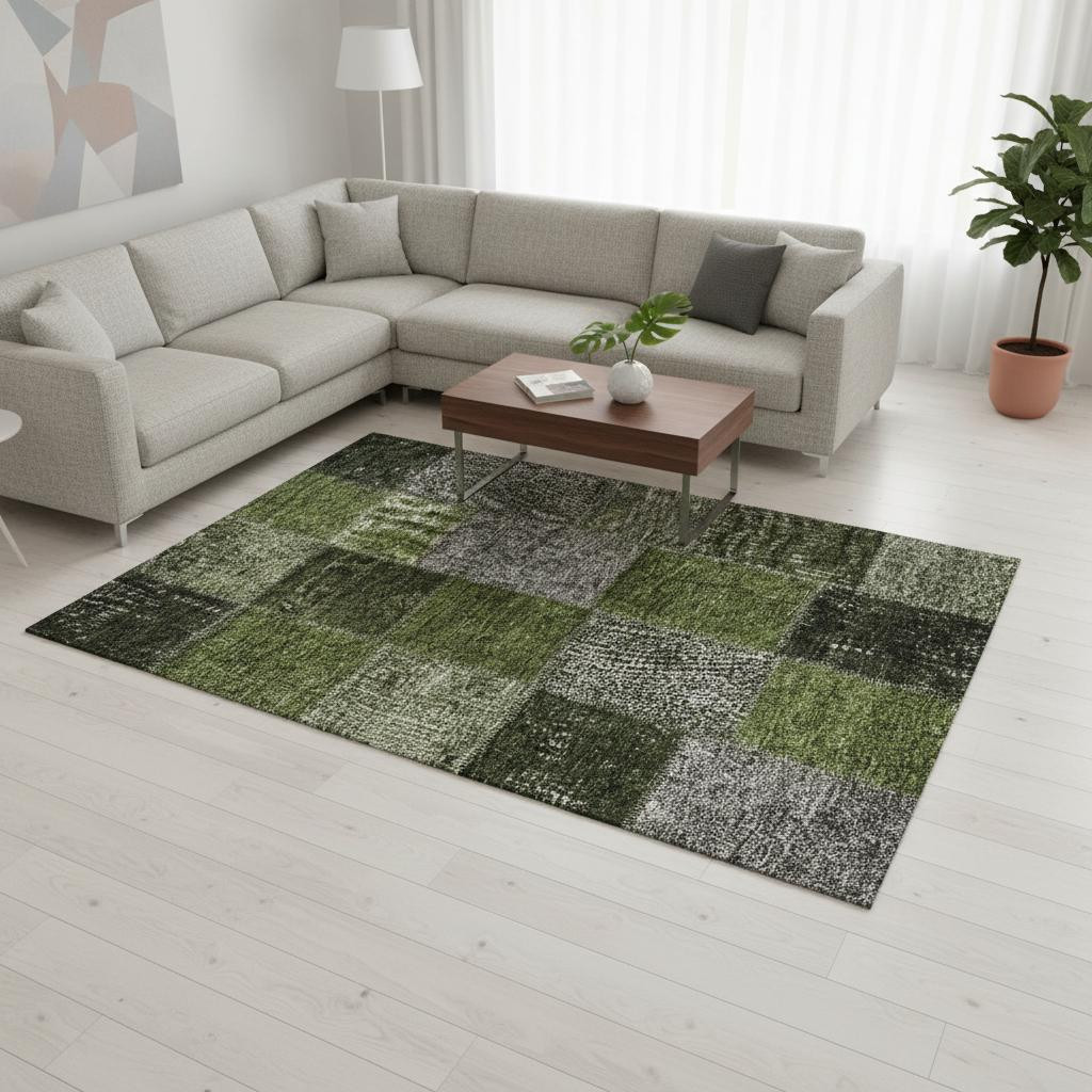 655198 10 x 14 ft. Olive Green & Gray Patchwork Transitional Washable Machine Made Rectangle Area Rug with UV Protection