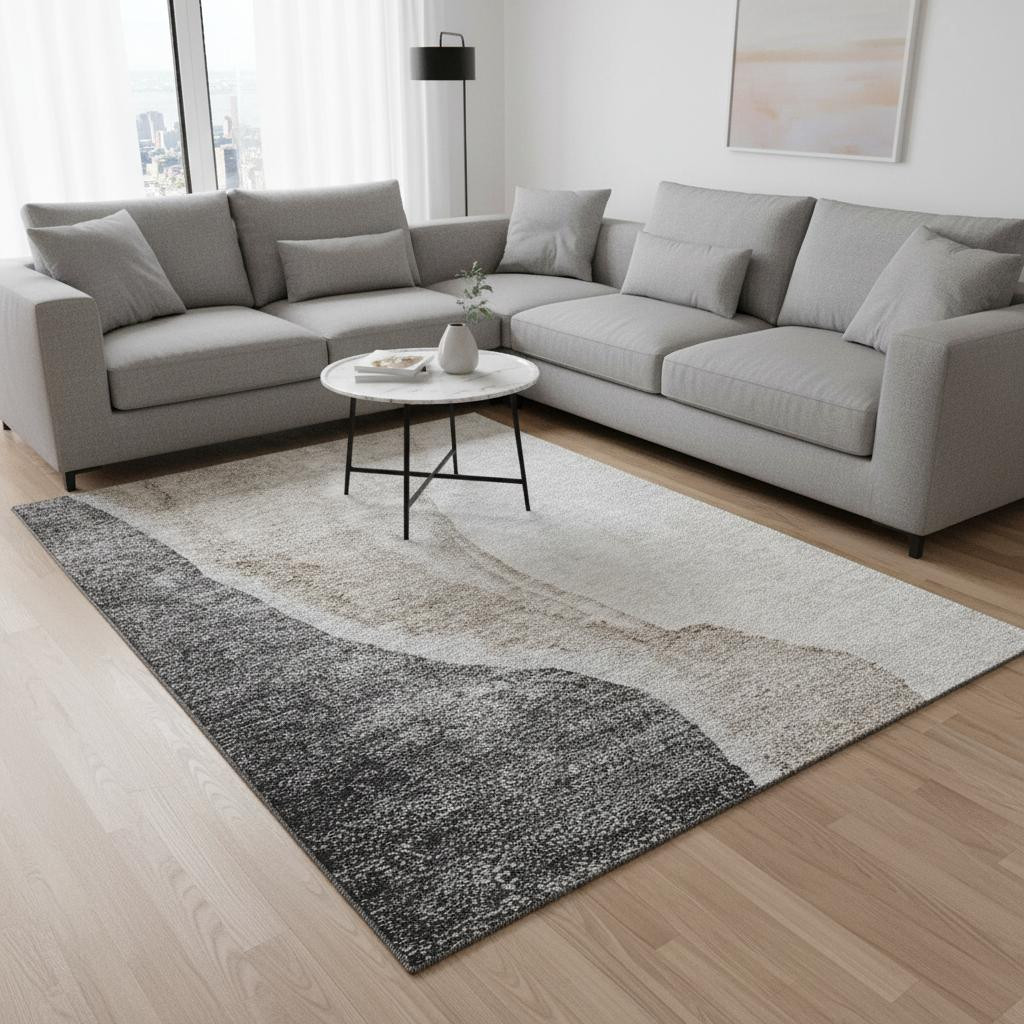 655318 10 x 14 ft. Charcoal & Ivory Abstract Transitional Washable Machine Made Rectangle Area Rug with UV Protection