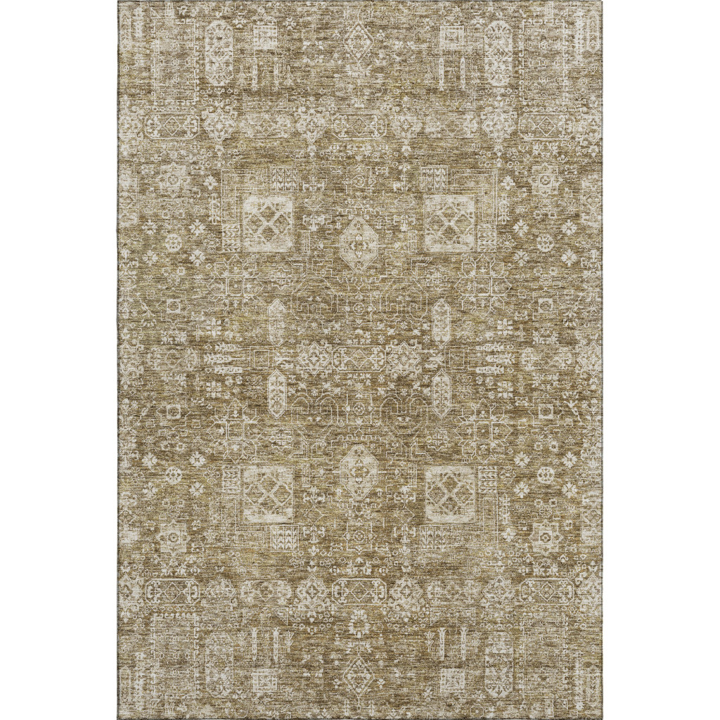 653361 9 x 12 ft. Brown & Ivory Floral Transitional Washable Machine Made Rectangle Area Rug with UV Protection