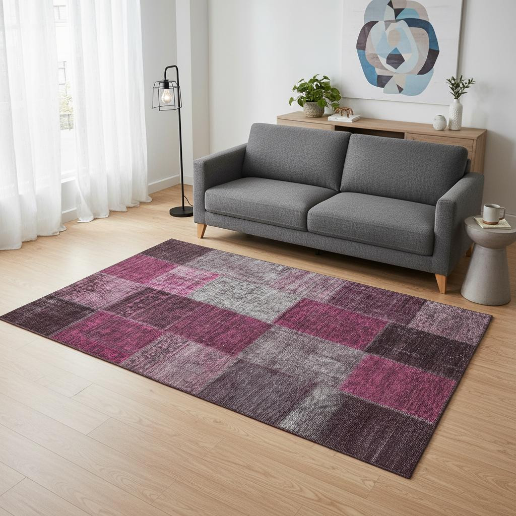 655176 5 x 8 ft. Merlot Gray & Burgundy Patchwork Washable Machine Made Rectangle Area Rug with UV Protection