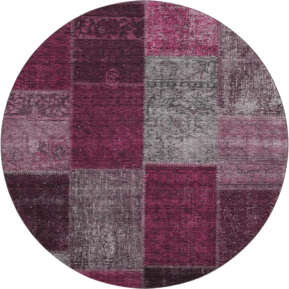 655177 8 ft. Merlot Gray & Burgundy Patchwork Washable Round Area Rug with UV Protection