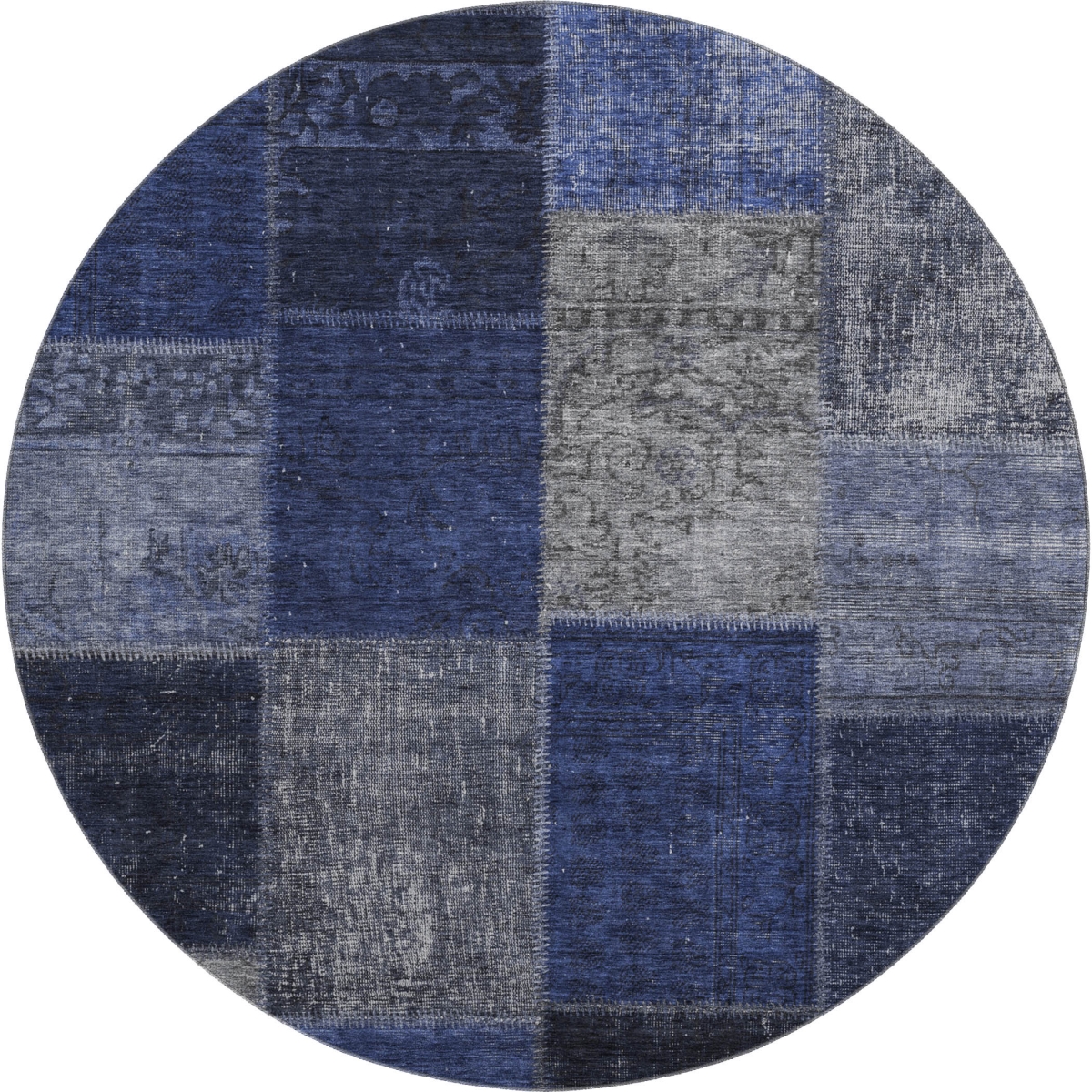 655189 8 ft. Navy Blue & Gray Patchwork Washable Round Area Rug with UV Protection