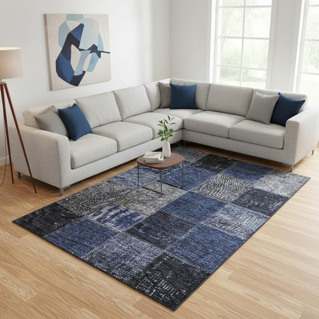 655192 10 x 14 ft. Navy Blue & Gray Patchwork Washable Machine Made Rectangle Area Rug with UV Protection
