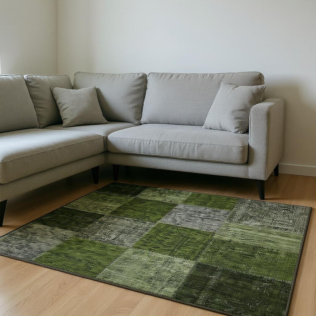 655197 9 x 12 ft. Olive Green & Gray Patchwork Transitional Washable Machine Made Rectangle Area Rug with UV Protection