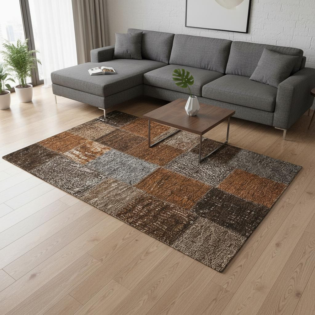 655202 8 x 10 ft. Rust Brown & Gray Patchwork Washable Machine Made Rectangle Area Rug with UV Protection