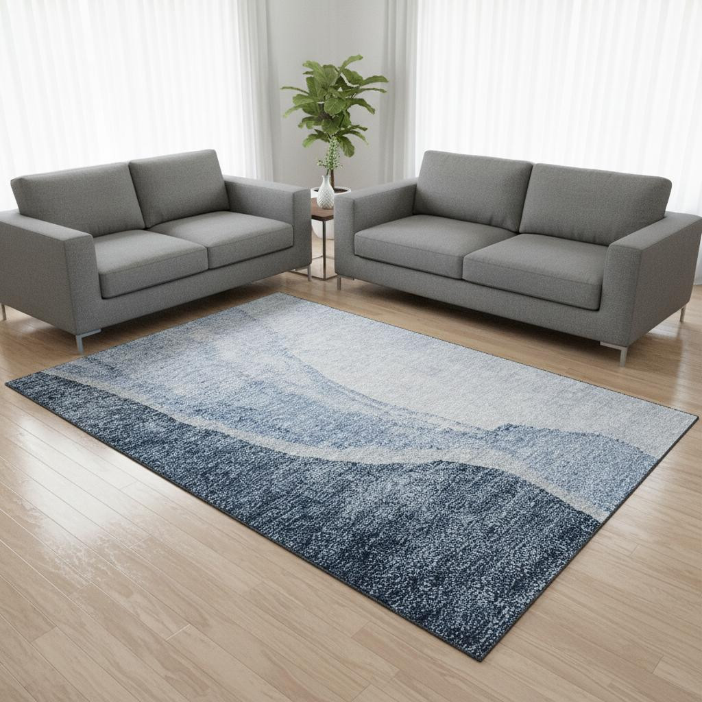 655310 8 x 10 ft. Blue & Ivory Abstract Transitional Washable Machine Made Rectangle Area Rug with UV Protection